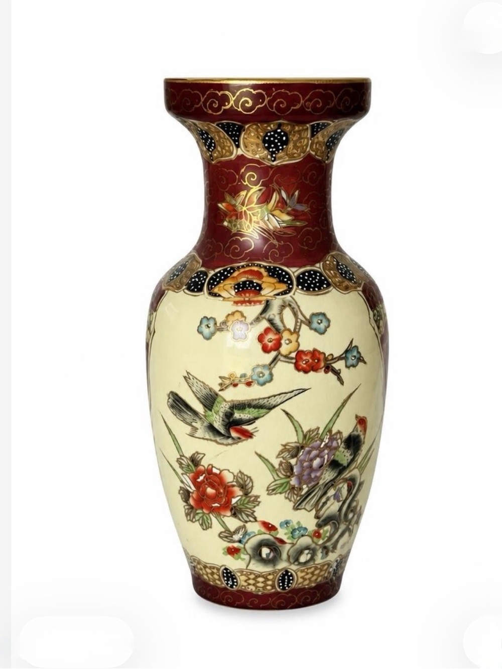 Decorative Floral Bird Porcelain Vase in Cream and Burgundy